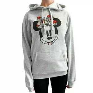 DISNEY Minnie Mouse Embroidered Bow Flowers Gray Hooded Sweatshirt Size L